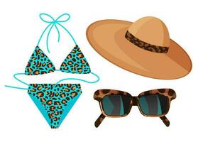 impostato di moda Accessori a partire dal il sole. estate impostare. leopardo blu costume da bagno, cappello e occhiali da sole. vettore