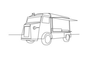 singolo una linea disegno lato Visualizza di un' cibo camion. cibo camion concetto. continuo linea disegno illustrazione. vettore