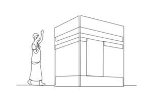 singolo una linea disegno un' uomo a piedi in giro il kaaba. hajj e Umra attività concetto. continuo linea disegno illustrazione vettore
