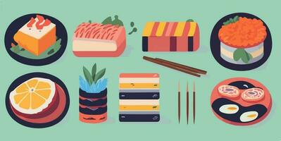 irresistibile carino, divertimento e colorato Sushi impostato illustrazione con affascinante personaggi vettore