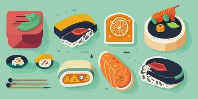 indulgere nel gusto, pieno di colori vettore illustrazione di un' acquolina in bocca Sushi impostato