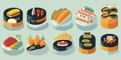 culinario la gioia, vivace cartone animato illustrazione di un' colorato Sushi diffusione vettore