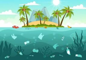 fermare oceano plastica inquinamento vettore illustrazione con spazzatura sotto il mare piace un' rifiuto Borsa, spazzatura e bottiglia nel piatto cartone animato mano disegnato modelli