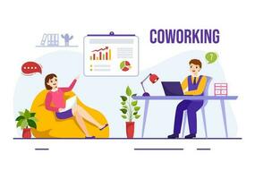 coworking attività commerciale vettore illustrazione con colleghi parlando, incontro e Lavorando a il ufficio nel piatto cartone animato mano disegnato atterraggio pagina modelli