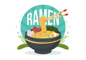 ramen vettore illustrazione di giapponese cibo con spaghetto, bacchette, miso la minestra, uovo bollito e grigliato nemmeno io nel piatto cartone animato mano disegnato modelli