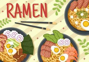 ramen vettore illustrazione di giapponese cibo con spaghetto, bacchette, miso la minestra, uovo bollito e grigliato nemmeno io nel piatto cartone animato mano disegnato modelli