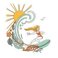il ragazza fare surf su onde nel oceano. estate Stampa. vettore