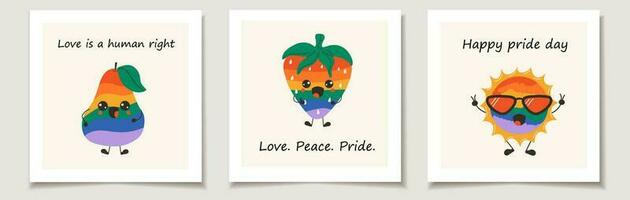 impostato di orgoglio giorno carte con carino contento divertente arcobaleno frutta con kawaii occhi. amore, mese orgoglio vettore