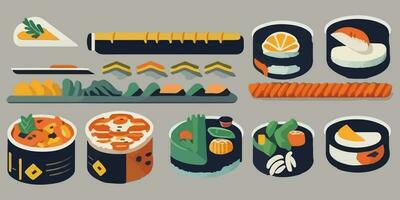 gustoso cartone animato delizie, colorato vettore illustrazione in mostra giapponese cucina