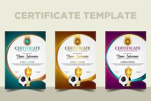 diploma certificato di gioco di calcio con set di coppe dorate vettore