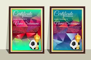 diploma certificato di gioco di calcio con set di coppe dorate vettore