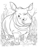 nero e bianca cartone animato illustrazione di rinoceronte animale, vettore colorazione pagina di rinoceronte. colorazione pagina per bambini e adulti. Stampa disegno, maglietta disegno, tatuaggio disegno, murale arte.