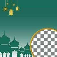 islamico vendita manifesto modello con gratuito spazio per testo e foto. con ornamenti di lanterne e moschee. design per striscione, sociale media e ragnatela. vettore illustrazione