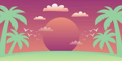 colorato estate sfondo con tramonto occhiali da sole e palma albero icone. vettore illustrazione per promozionale striscioni, saluto carte, manifesti, sociale media e ragnatela.