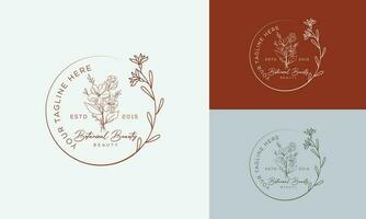 logo disegnato a mano di elemento floreale botanico con fiori selvatici e foglie. logo per spa e salone di bellezza, boutique, negozio biologico, matrimonio, designer floreale, interni, fotografia, cosmetici. vettore