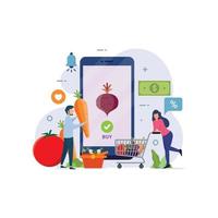 persone personaggi carrello acquisto di prodotti alimentari alimentari nell'app mobile vettore