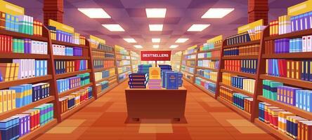 cartone animato libreria interno con libri su scaffali vettore