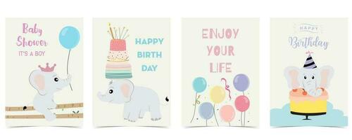 bambino elefante design con torta, Palloncino, nube per compleanno cartolina vettore