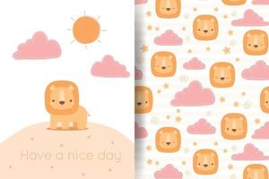 carino leone cartone animato doodle seamless pattern e poster set vettore