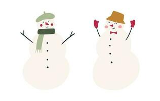 impostato di carino e divertente pupazzi di neve, cartone animato piatto vettore illustrazione isolato su bianca sfondo. allegro pupazzo di neve indossare sciarpa, cappello e guanti. Natale personaggio disegno.