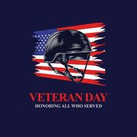 Giornata dei veterani in onore di tutti coloro che hanno prestato servizio con elmetto militare e bandiera degli Stati Uniti vettore