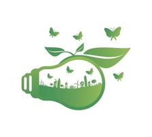 concetto di ecologia il mondo è nel verde della lampadina a risparmio energetico vettore