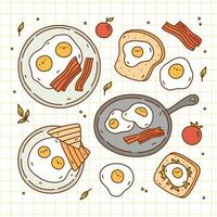 carino prima colazione impostato con fritte uova, Bacon, crostini e pomodori. vettore disegnato a mano illustrazione nel kawaii scarabocchio stile. Perfetto per vario disegni, carte, adesivi, decorazioni, logo, menù, ricette.