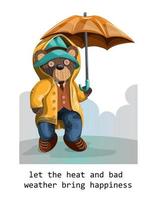 immagine vettoriale di un orsacchiotto di peluche raffigurato con un pizzico di umanità in un cappello e cappotto con un ombrello sotto la pioggia