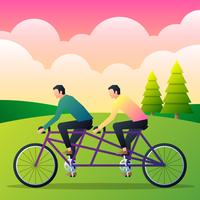 Illustrazione piana di vettore della bicicletta in tandem di guida casuale di due uomini