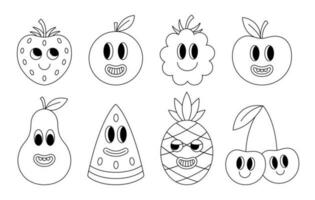 collezione di divertente Groovy frutta nel linea stile. semplice schema cartone animato personaggio facce. vettore