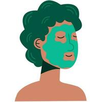 donna con il verde capelli e argilla maschera. quotidiano attività routine. cura della pelle procedura, dermatologia trattamento, cosmetologia Prodotto, chiaro viso, pelle bellezza. vettore