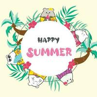 manifesto di carino scarabocchio animali con palma albero e il parole contento estate su esso vettore