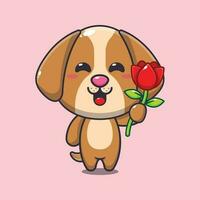 cane Tenere rosa fiore cartone animato vettore illustrazione.
