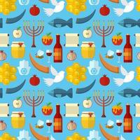 rosh hashanah shana tova o capodanno ebraico seamless con miele mela pesce bottiglia di ape torah e altri oggetti tradizionali vettore