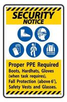 cartello di avviso di sicurezza ppe adeguato richiesto stivali guanti elmetti quando l'attività richiede protezione anticaduta con simboli ppe vettore