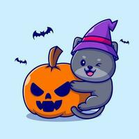 carino strega gatto abbraccio zucca Halloween cartone animato vettore icona illustrazione. animale vacanza icona concetto isolato premio vettore. piatto cartone animato stile