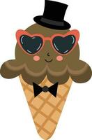 divertente cioccolato ghiaccio crema cono con cuore occhiali da sole e nero cappello vettore