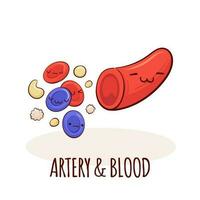 arteria sangue carattere, cartone animato portafortuna con divertente viso. arteria sangue umano anatomia formazione carta vettore