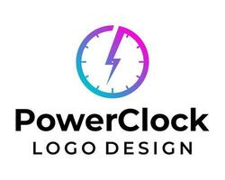 orologio icona e energia elettrico voltaggio azienda logo design. vettore