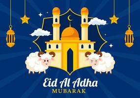 contento eid al adha mubarak vettore illustrazione di I musulmani celebrazione con sacrificale animali capra e mucca nel piatto cartone animato mano disegnato modelli