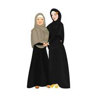 personaggio di un' allegro musulmano donne abbracciare ogni altro e indossare islamico tradizionale vestiario. vettore