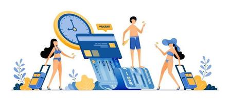 le persone scelgono l'ora e la data per acquistare i biglietti per le vacanze estive con le app mobili il pagamento delle bollette delle ferie tramite carta di credito l'illustrazione può essere utilizzata per la pagina di destinazione banner sito web brochure poster web vettore