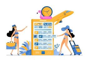 le ragazze si preparano per le vacanze acquistando i biglietti aerei per le vacanze estive per la spiaggia dell'isola tropicale con le app mobili l'illustrazione può essere utilizzata per la brochure della pagina di destinazione banner sito Web poster Web vettore