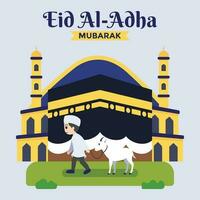 eid al-Adha mubarak, uomo portare capra per Qurban, impostato concetto carino illustrazione vettore