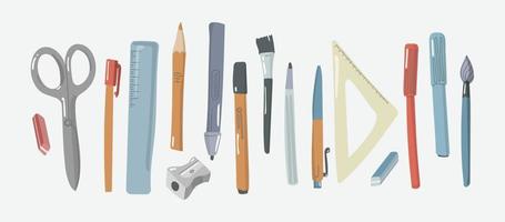 cancelleria piatta disegnata a mano e oggetti d'arte che scrivono accessori doodle set di utilità e strumenti scolastici vettore