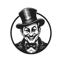 circo clown indossare completo da uomo, Vintage ▾ logo linea arte concetto nero e bianca colore, mano disegnato illustrazione vettore