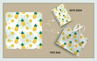 modello totalizzatore Borsa e Nota libro con ananas frutta, foglia senza soluzione di continuità modello. vettore