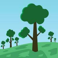 un' cartone animato disegno di alberi su un' collina con un' blu cielo nel il sfondo. vettore