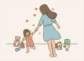 giovane contento madre e figlia godere qualità tempo insieme nel un' camera pieno di giocattoli vettore illustrazione
