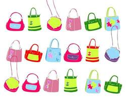 mano disegnato colorato donne borse impostare, per il tuo design. colorato mano disegnato diverso tipi di borse vettore